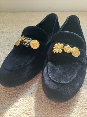 CHANEL Black Velvet Loafers with Gold Chanel Medallions